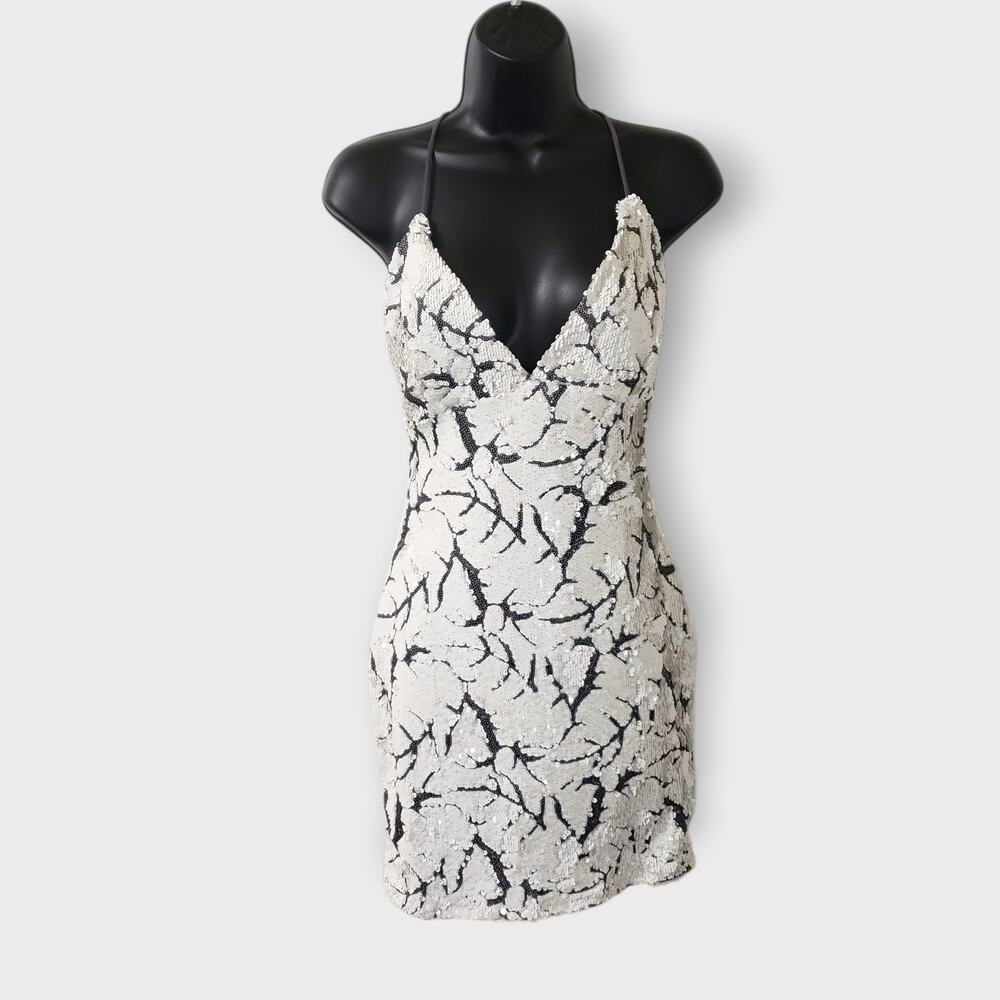 Lucy In The Sky White Black Sequins Abstract Backless Mini Dress Sz Large Party‎